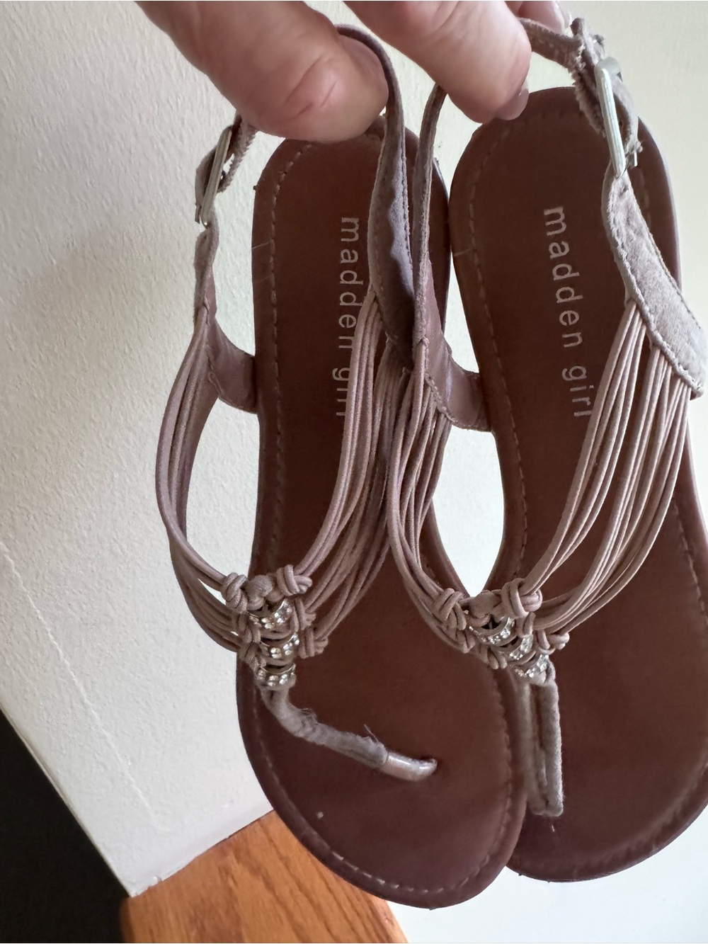 Madden Girl Taupe Knotted Fringe T-Strap Sandals